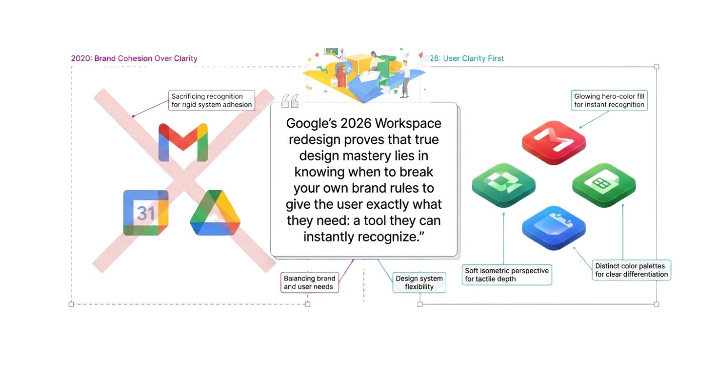 Comparison of Google Workspace icon changes before and after the 2026 redesign